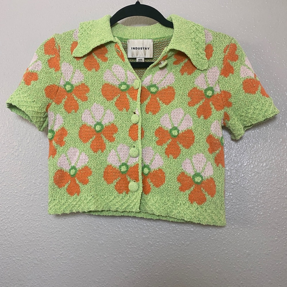 Industry Green Floral Cardigan Medium Jacquared Short Sleeve Polo Preppy Autumn